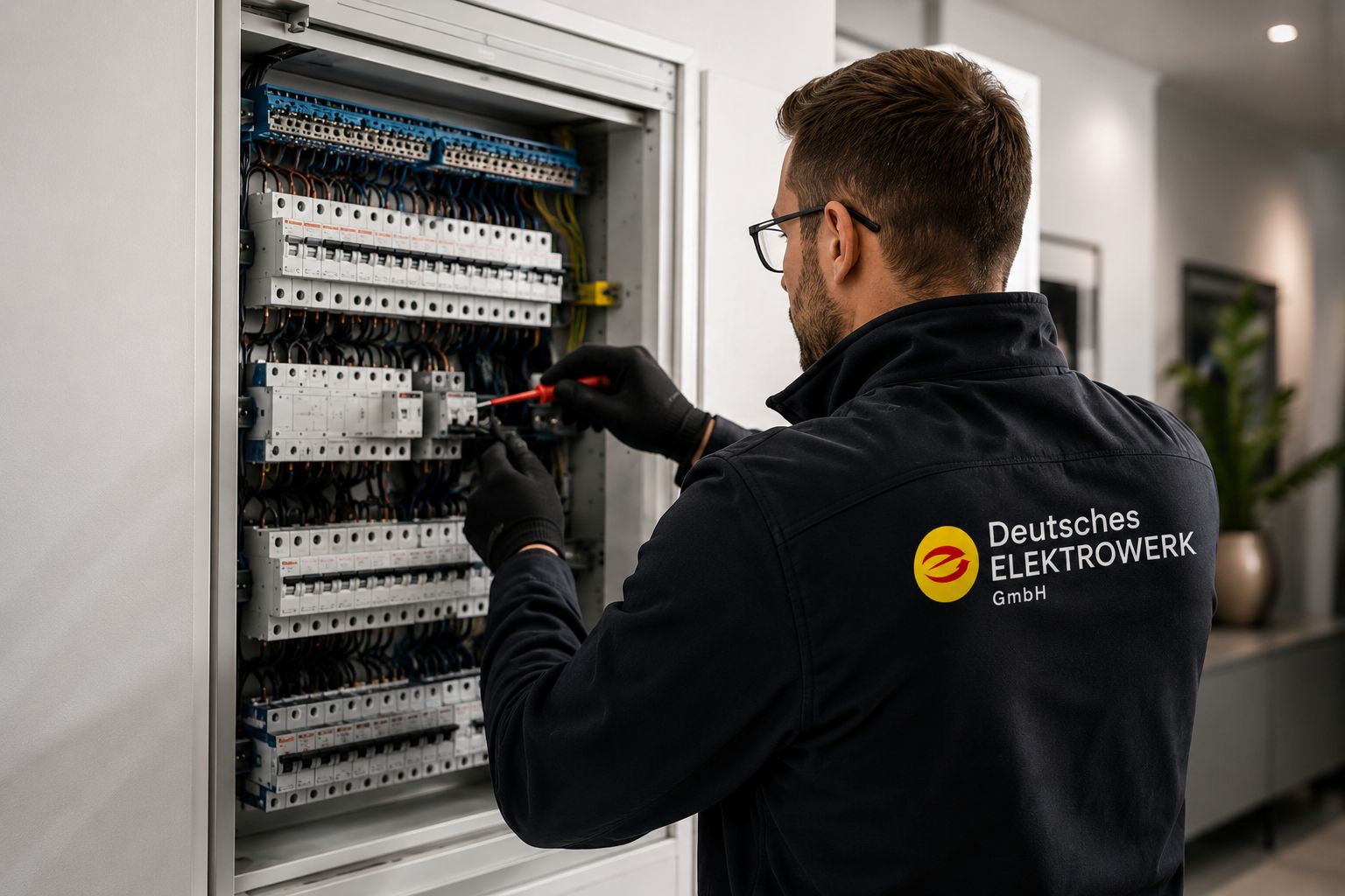 Elektriker des Deutsches Elektrowerk Teams bei der Arbeit am Zählerschrank